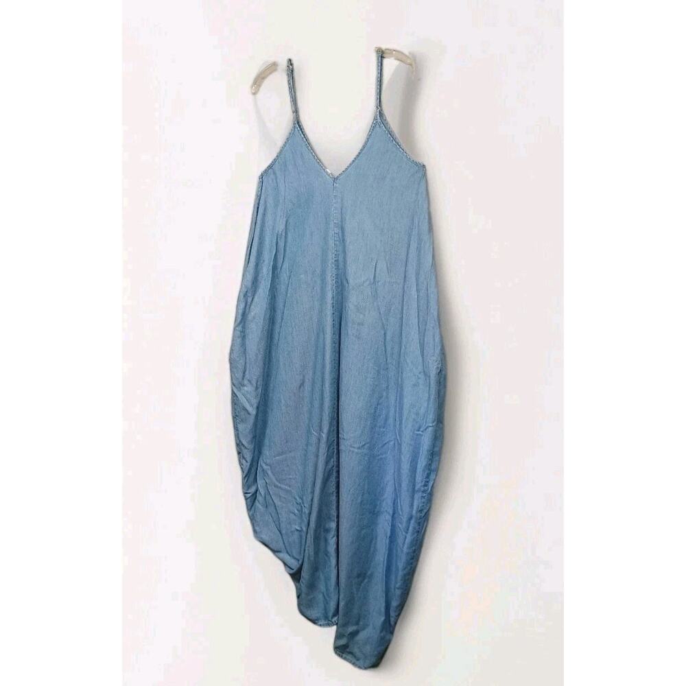 Elan Maxi Dress Jumper Sz M- V neck Strappy Washed Denim Lagenlook Boho - Picture 3 of 9